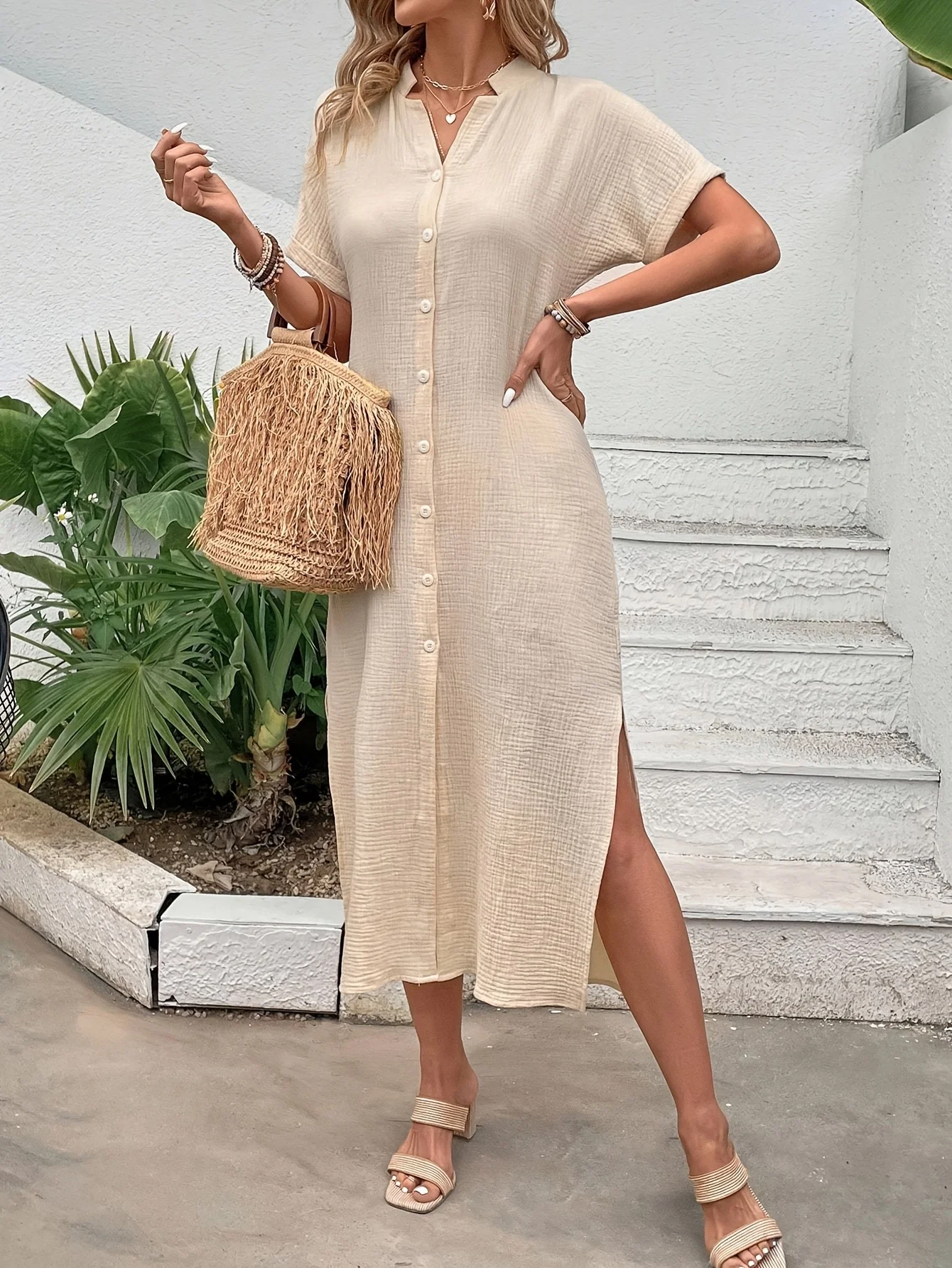 Dames standaardmaat kaki midi-jurk met knoopsluiting aan de voorkant, korte mouw, opstaande kraag, splitzoom, casual vakantie-outfit