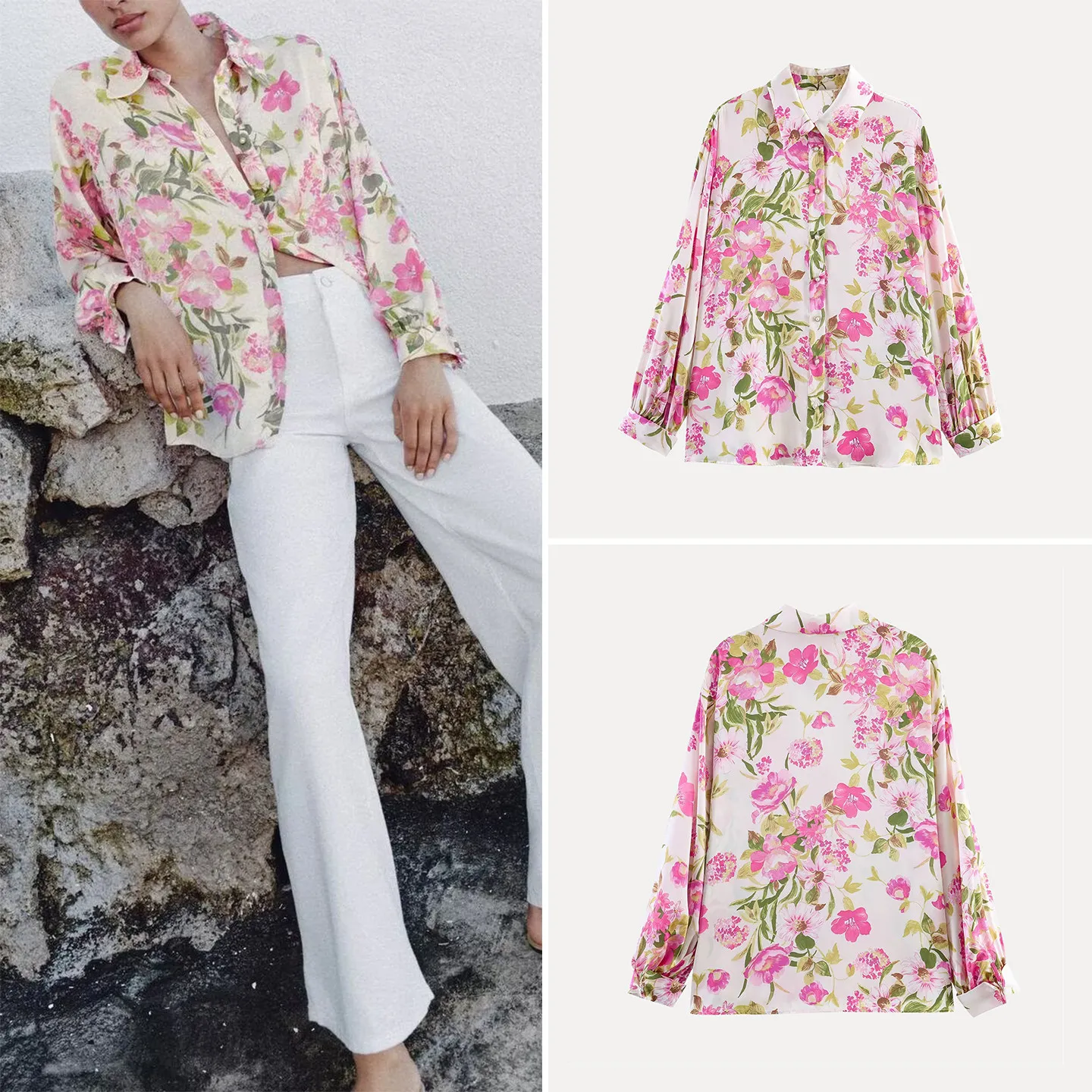 

Women's Fashionable Floral Print Long Sleeve Shirt Stand Collar Summer 2026 Quality Textile Straight Cut European Style