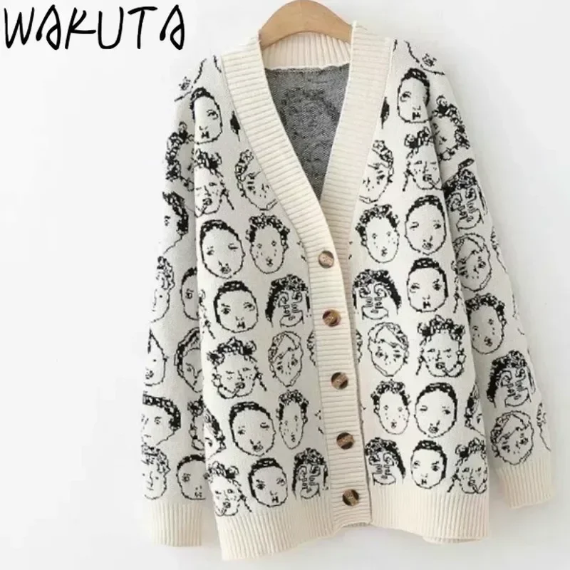 WAKUTA New Funny Cartoon V Neck Cardigan Female Knitwear Japanese Fall Winter Casual Loose Knit Jacket Sweater for Women