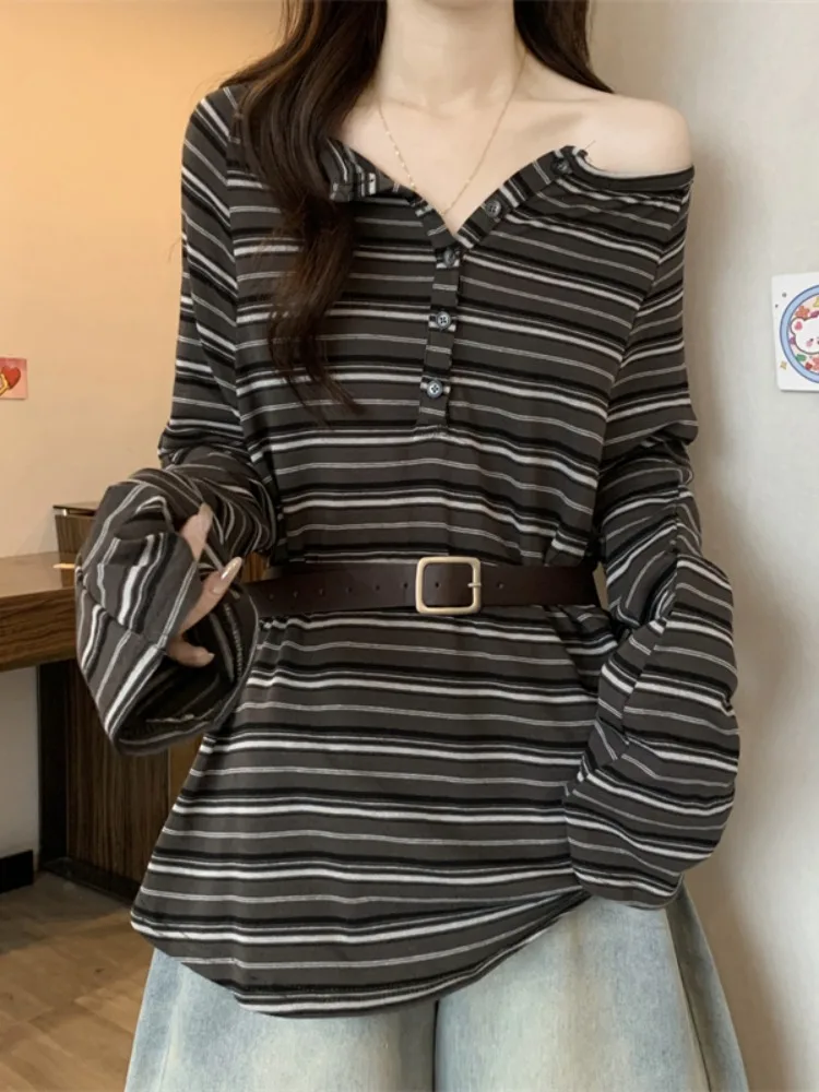 Retro Striped Off-oulder Long Sve T-irt Women's Loose Comfortable Slimming Top Early Spring New Sle Casual Cotton