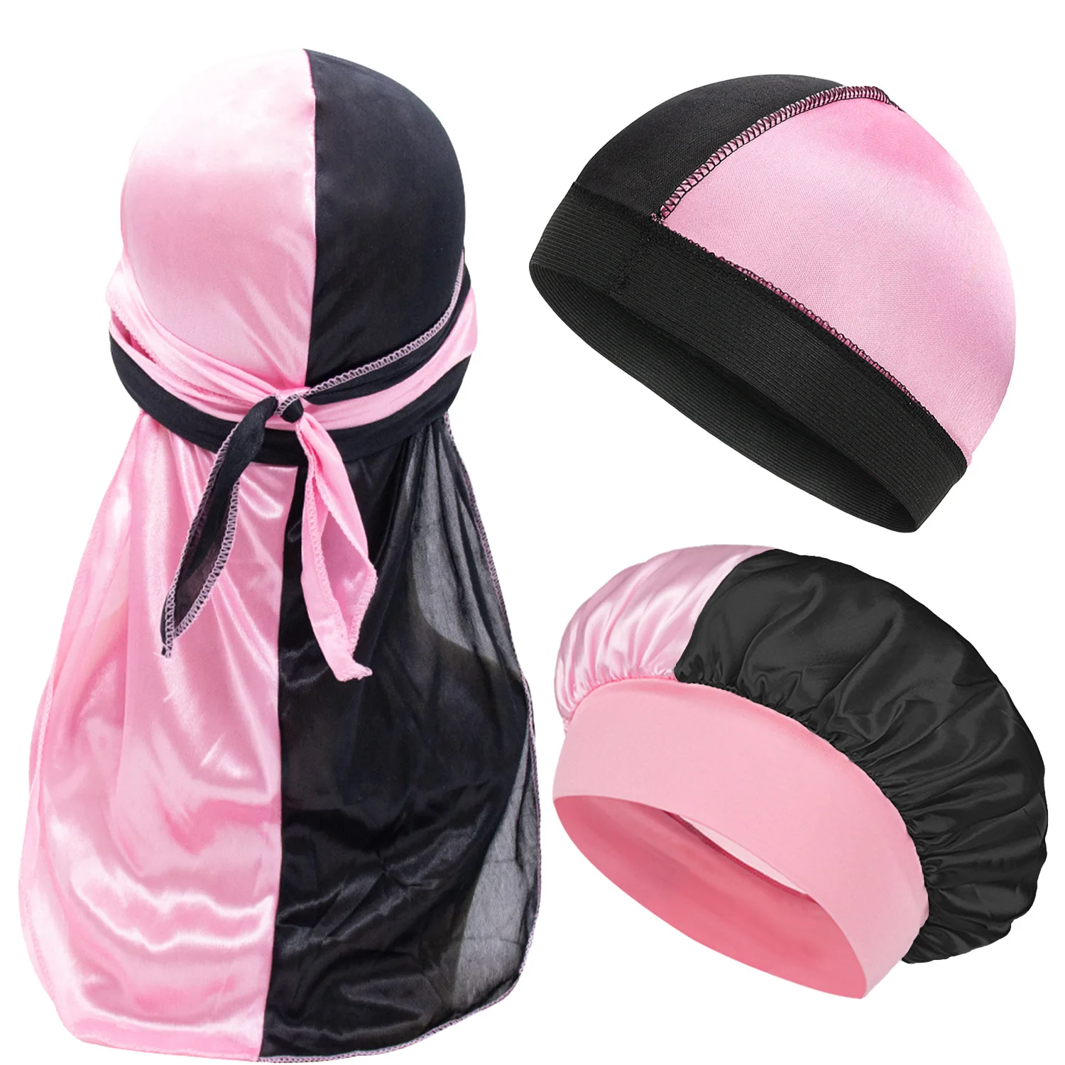 3PCS/LOT Men Women Durag and Bonnet Sleep Cap Set Comfortable Sleeping Caps for Curly Hair Breathable Long Tail Headwrap Du Rag