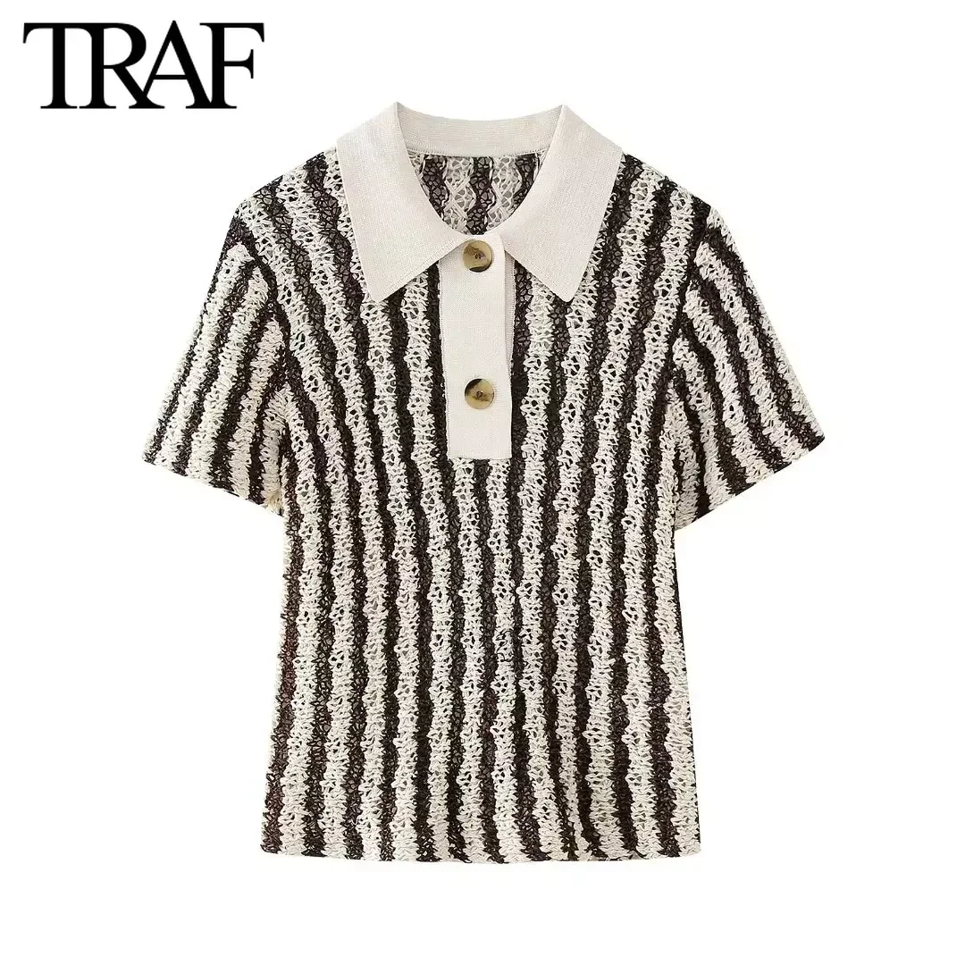 TRAF Women Fashion Summer New Stripes Short Sleeve Lapel Button Tee Casual Wear Pullover Top Chic Female POLO Shirt  Mjuer