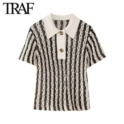 TRAF Women Fashion Summer New Stripes Short Sleeve Lapel Button Tee Casual Wear Pullover Top Chic Female POLO Shirt  Mjuer