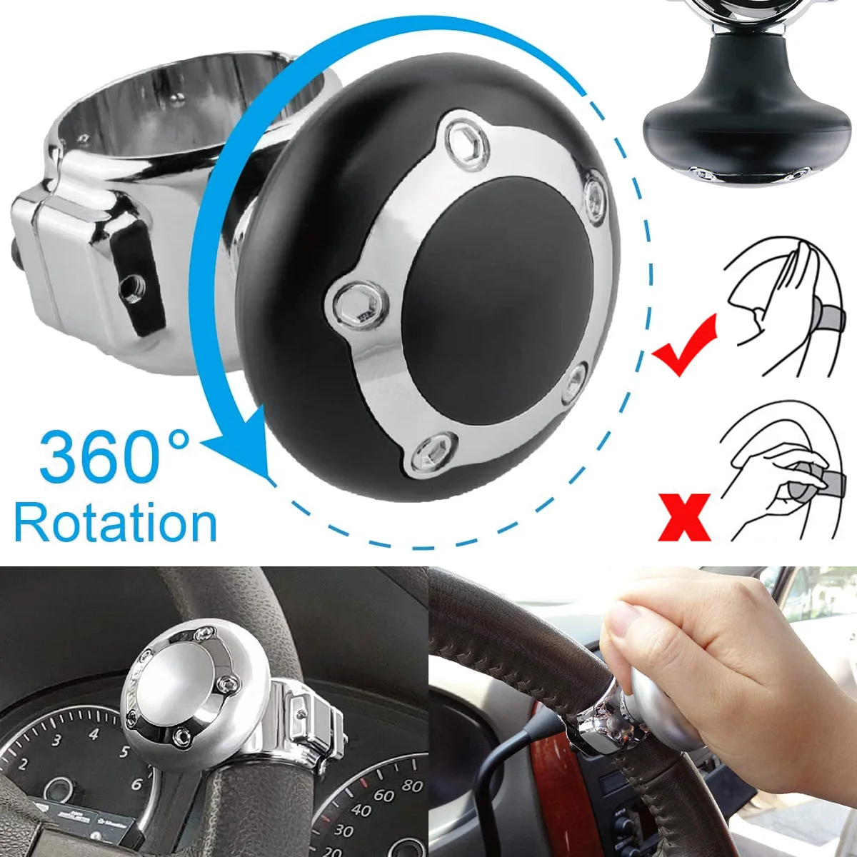 Steering Wheel Knob for Truck Steering Wheel Booster Spinner Knob 360 Degree Rotation Bearing Power Handle Ball Shaped for Car