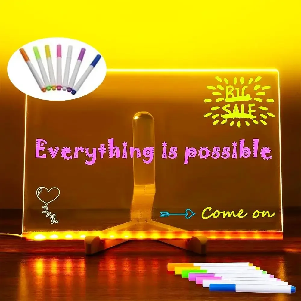 LED Note Board with Colors,Glowing Acrylic Drawing with Light up Dry Erase Board with Stand as a Glow Memo Letter