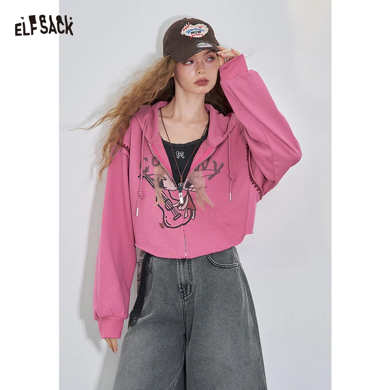 

ELFSACK 2025 Summer New Arrival Y2K Casual Original Graphic Hoodie Jacket Cropped Streetwear Top For Woman