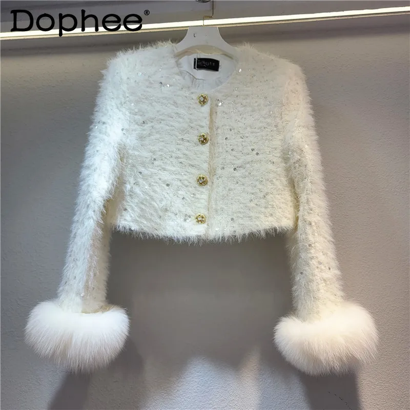 Office Lady Short Puffer Jacket Female 2023 Winter Temperament Crew Neck Single Breasted Fur Stitching Long Sleeve Jacket Top