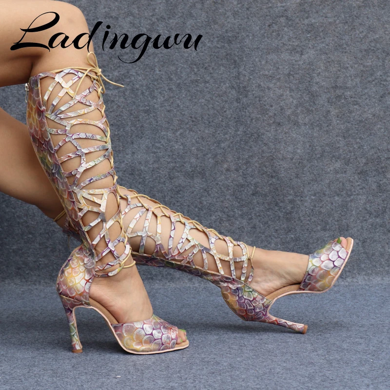 Ladingwu high-end material feito sob encomenda textura de escala de peixe sapatos de dança feminina sexy pólo botas de dança senhoras casamento