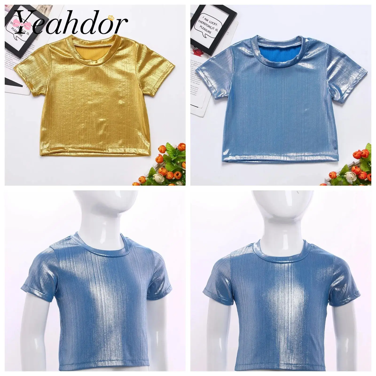 

Fashion Girls Metallic T-shirts Hip-Hop Clothes Kids Party Crop Top Short Sleeve Tshirt Tees T-shirt Street Jazz Dance Costume