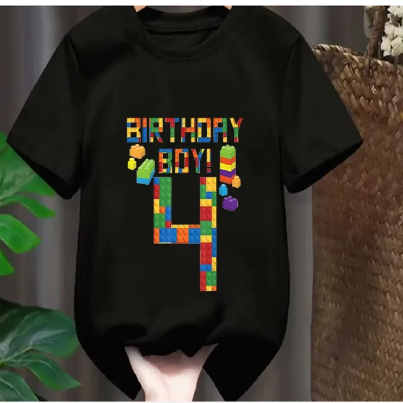 Building Blocks 4-9 Birthday Boys T-shirt Funny Block Graphic Print Toddler T-shirt Gifts kids Birthday Party Clothing T-shirt