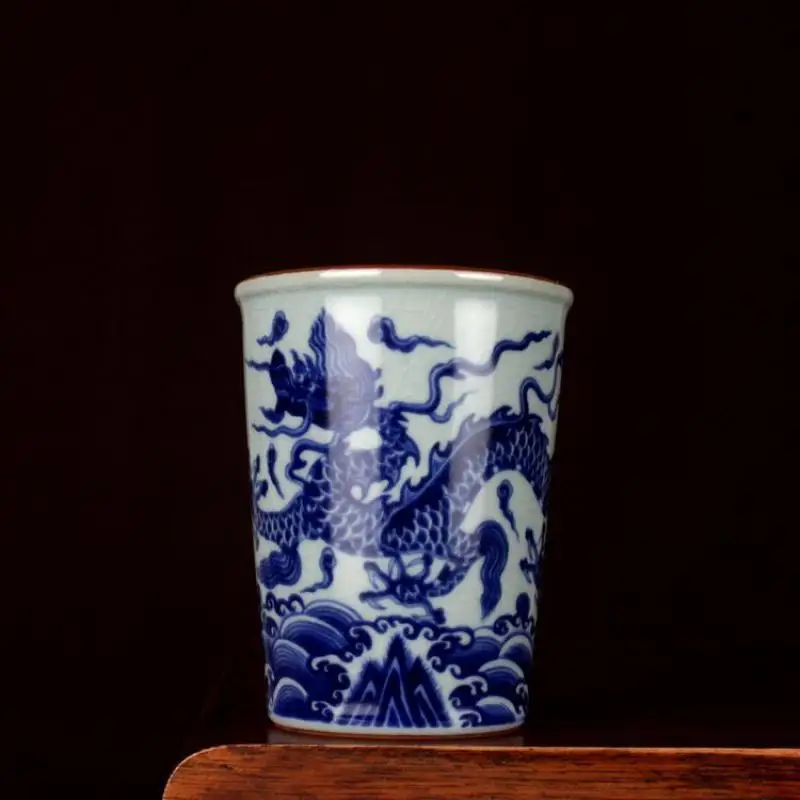 3.8" Chinese Blue-and-white Porcelain Hacking Auspicious Animal Dragon Cup