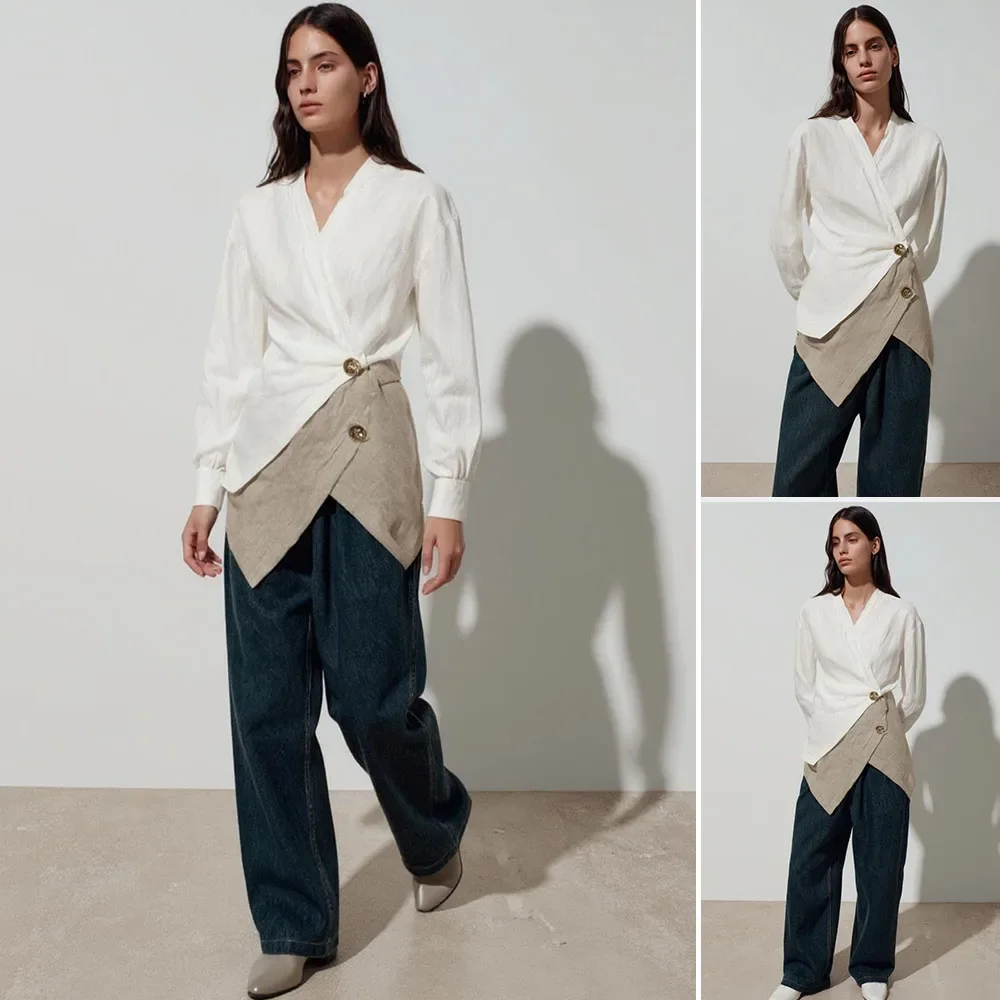 Verão feminino 2025 manga longa com decote em v retalhos camisa fina assimétrica bainha diária básica decoração lateral elegante topo