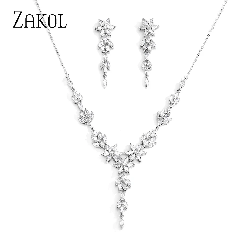 

ZAKOL брендовые новые модные серьги с кубическим цирконием, серьги с цветком, ожерелье, ювелирные наборы для женщин, свадебный подарок