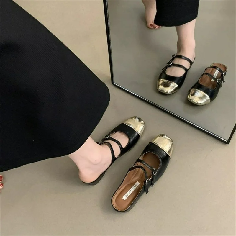 Female Shoes Slippers Flat Shallow Slides 2024 Silver Mary Janes Shoes Woman's Slippers Shallow Slides Silver 2024 Flat Mary