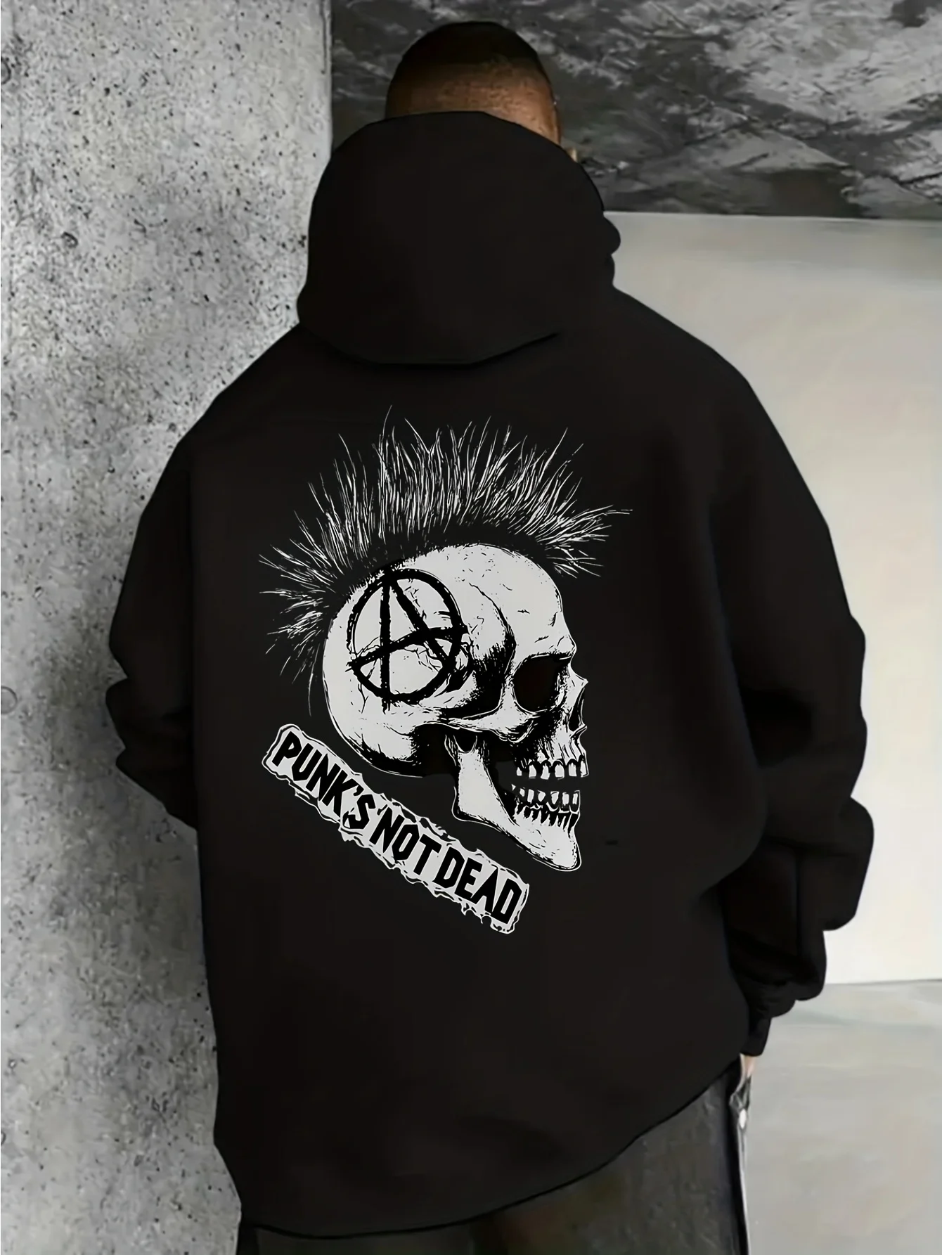 Punk Skeleton Print Men Hooded Sweatshirt Autumn Winter Daily Outdoor Sports Loose All Build Fitness Leisure Warm Street Style