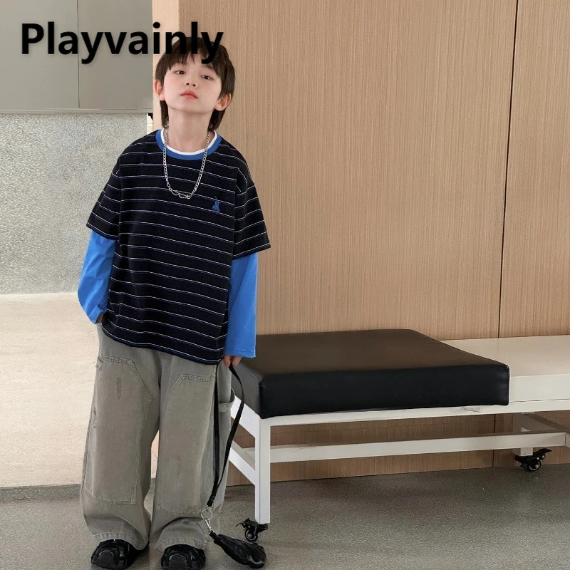 

2025 New Spring Autumn Boy Fashion Fake Two-piece T-shirt Stripe Patchwork Blue Long Sleeve Tops Kids Casual Loose Tees A5025