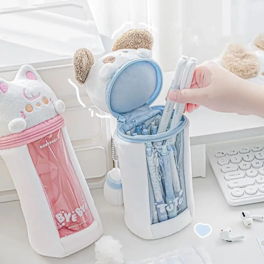 Большой вместительный плюшевый пенал, мягкий чехол для хранения канцелярских принадлежностей с мультяшными животными, милый кулон, милая сумка для ручек с видом на окно