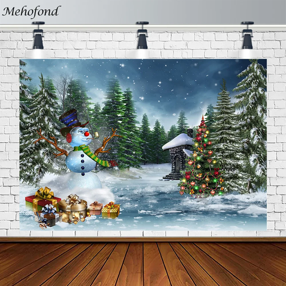 

Mehofond Winter Backdrop Christmas Snow Forest Snowman Gift Baby Portrait Background for Photography Decor Photocall Photo Prop