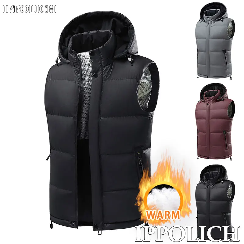 Sport Running Vest Warm Men Outdoor Windproof Warm Removable Hat Male Hooded Fall Winter Sleeveless Jacket Comfortable Warm Vest