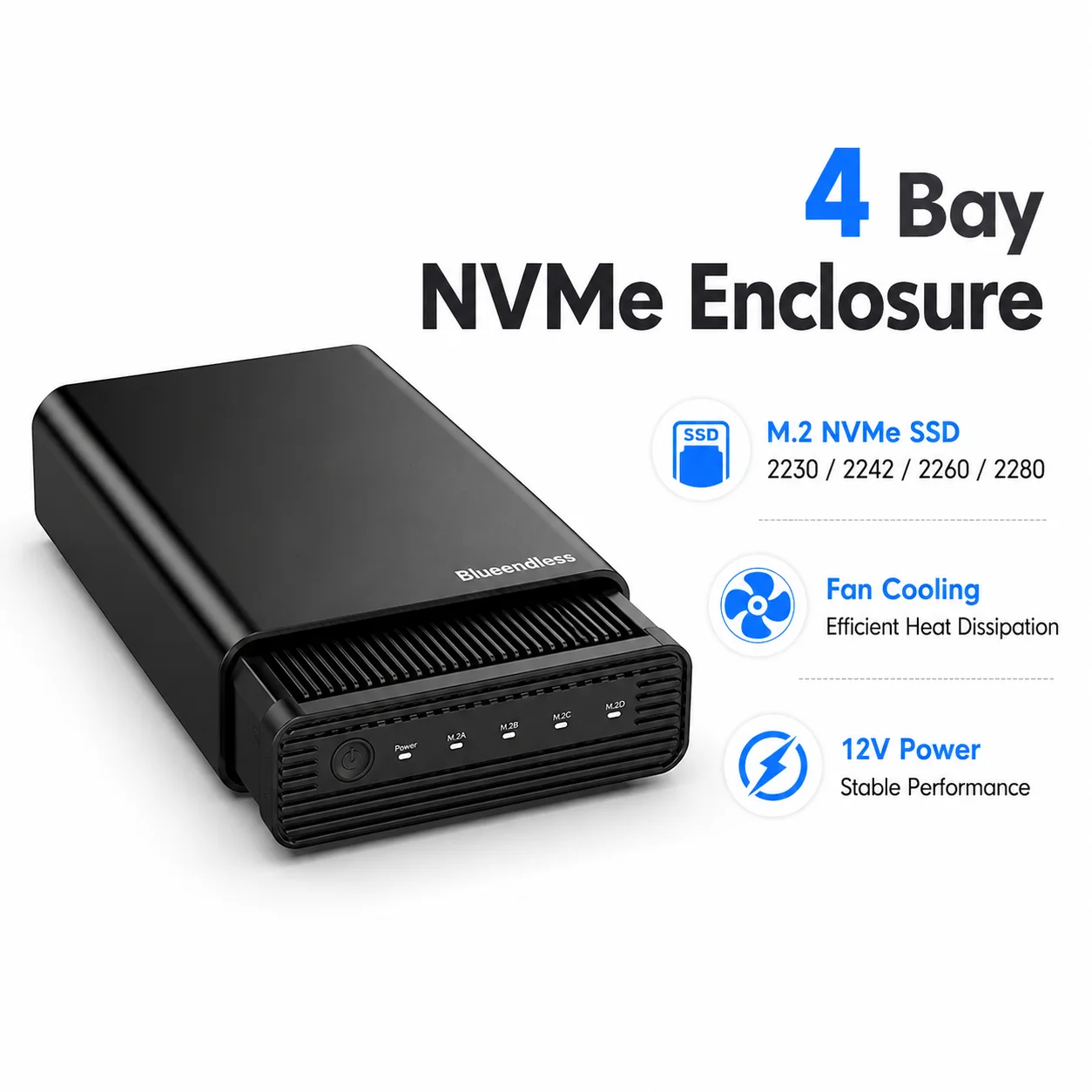 

4 Bay M.2 NVMe SSD Enclosure USB C External Hard Drive Case for 2230 2242 2260 2280 SSD with Cooling Fan