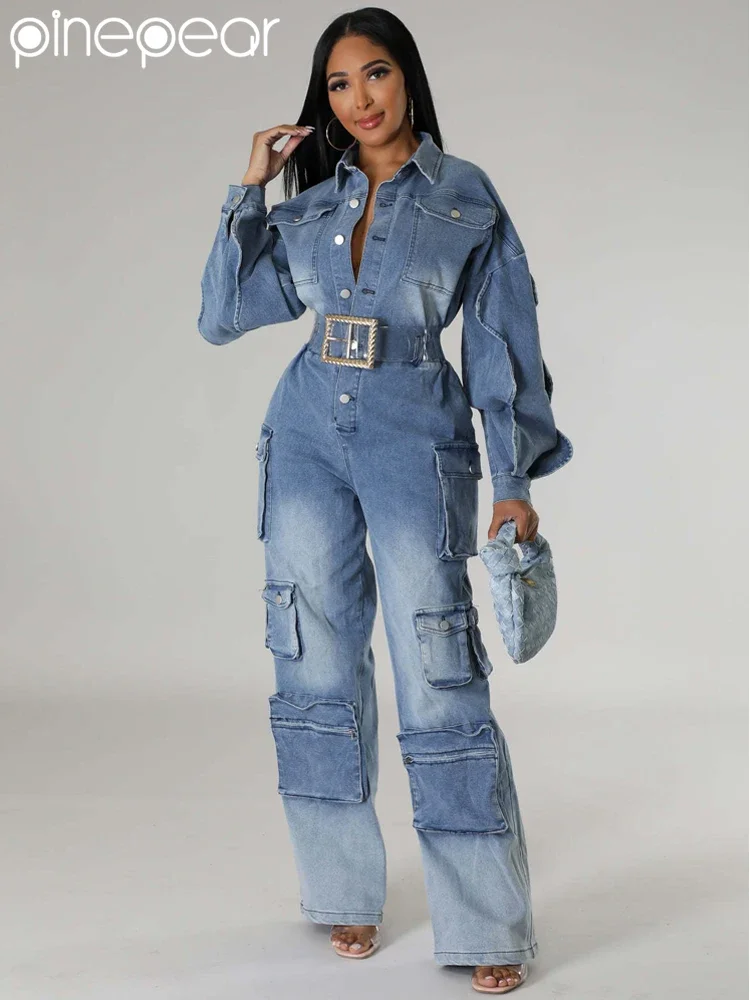 PinePear 2025 Women Denim Multi Pockets Cargo Jumpsuits Turn Down Collar Long Sleeve Loose Jeans Overalls Wide Leg Pants Rompers