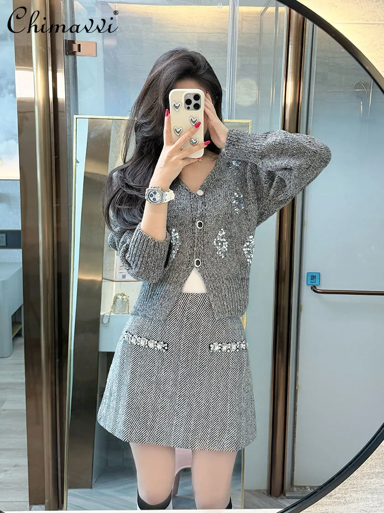 

French Elegant Style Sweaters Tops Round Neck Long Sleeve Sequin Single-Breasted Loose Casual Short Knitted Cardigan for Women