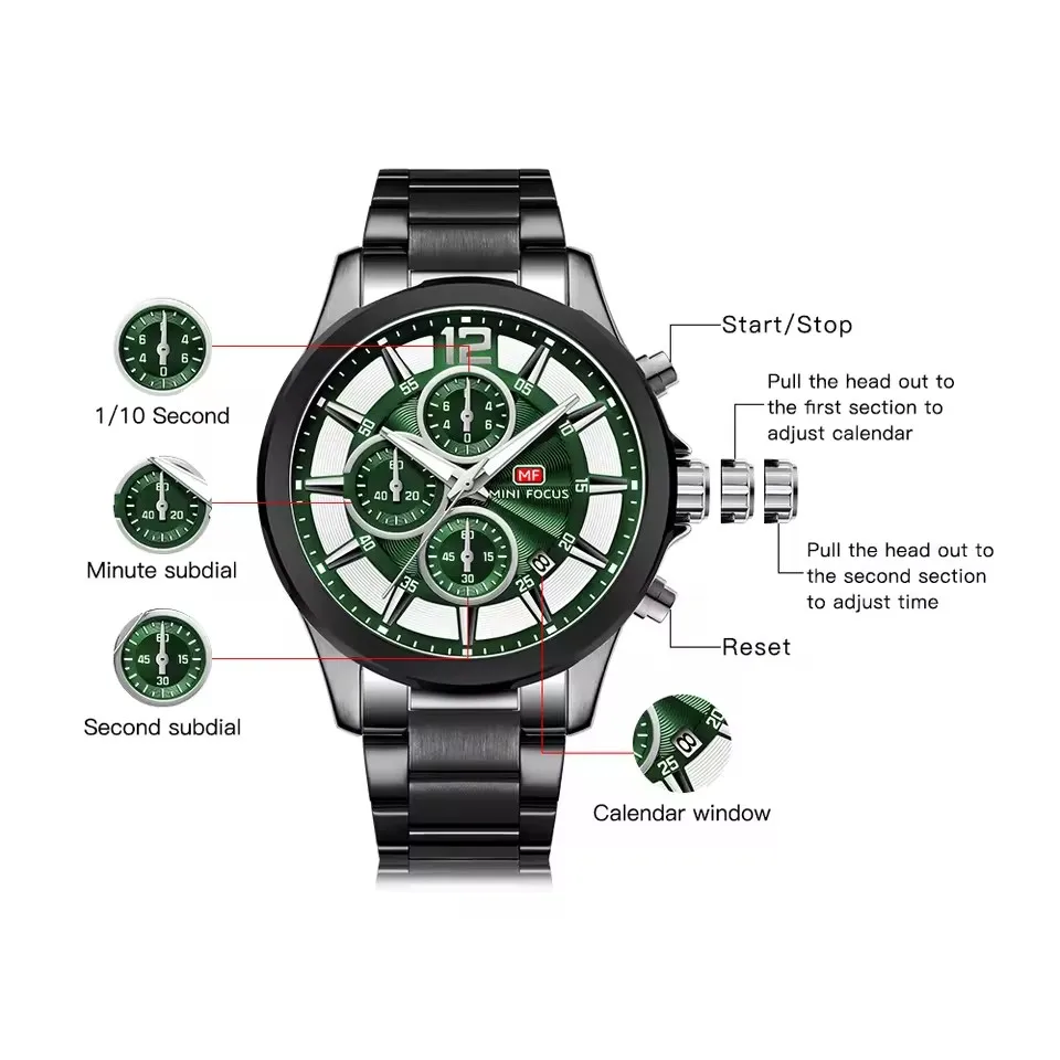 MINI FOCUS 0237 العلامة التجارية ساعة كوارتز رجالية التقويم كرونوغراف مضيئة الصلب حزام الأعمال موضة الساعات للرجل reloj hombre