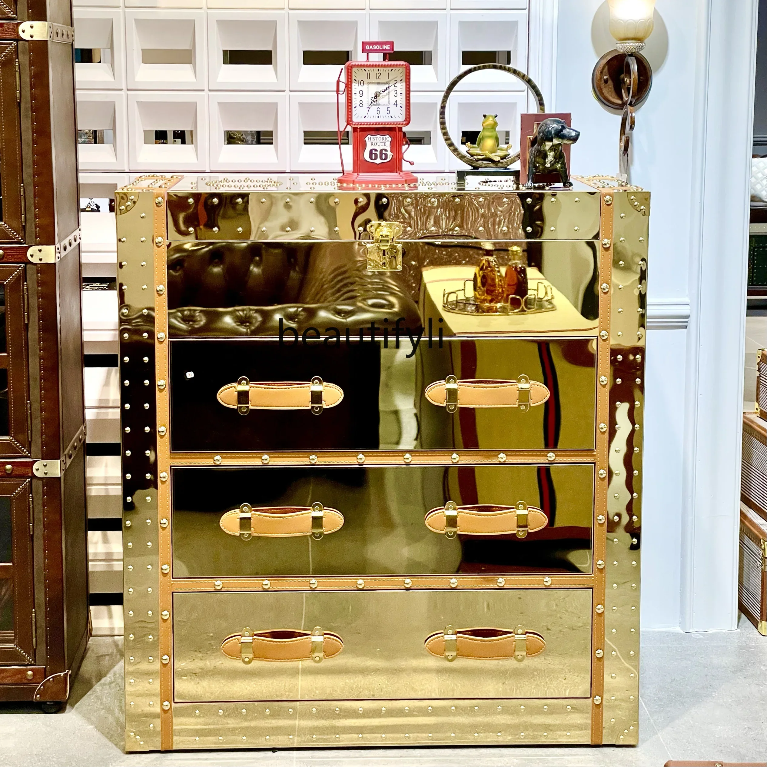 

Light luxury gold 8k mirror drawer type chest cabinet side cabinet entrance display cabinet