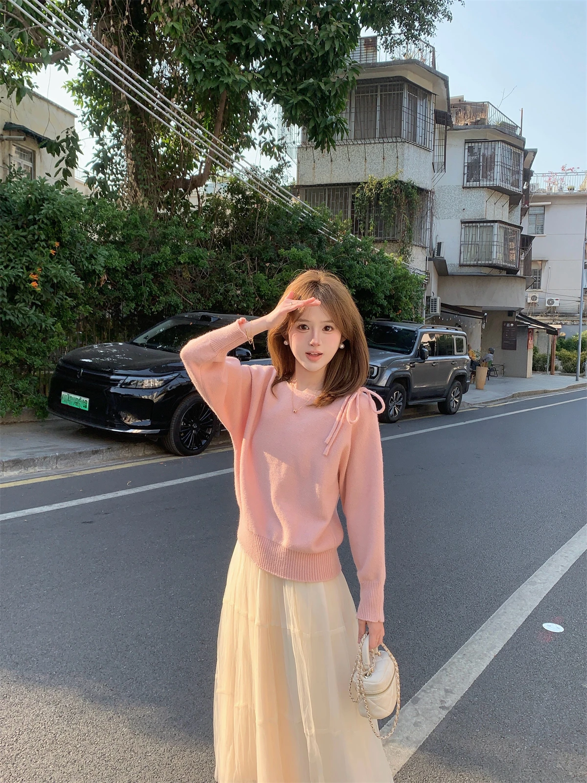 

FUGUI RICH Cherry Blossom Pink Knitted ort Sweater Spring New Sle Women's round Ne Long Sve Pullover Top