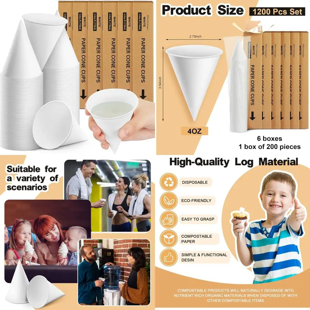 

4 oz Thick Disposable Paper Cone Cups for Shaved Ice, Slushies, Water Cooler Dispenser, White, 1200 Pieces