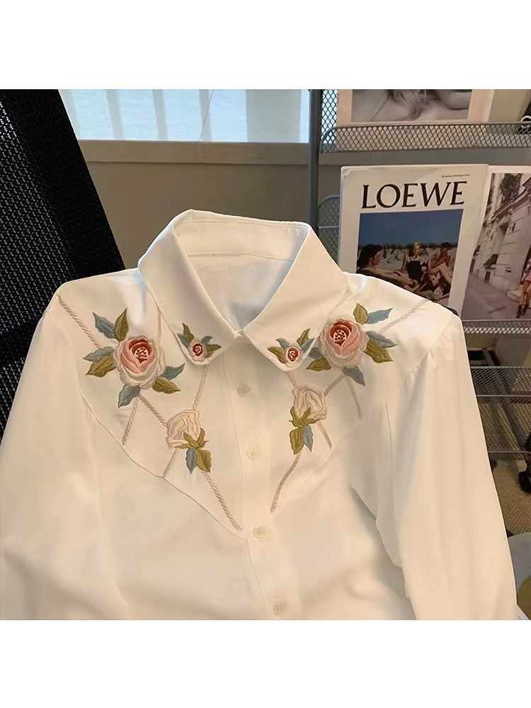 New Fashion Embroidery Loose Long Sleeve Single Breasted Shirt 2023 Spring Women\'s Turn-Down Collar Casual Female Blouse