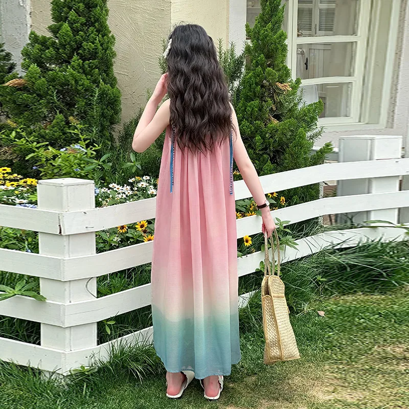 สไตล์ฝรั่งเศสเด็ก Designer Luxury Pink Gradient Beach Dress สําหรับสาว Elegant Vintage วันหยุดเสื้อผ้าเด็กชุดเดรสแขนกุด