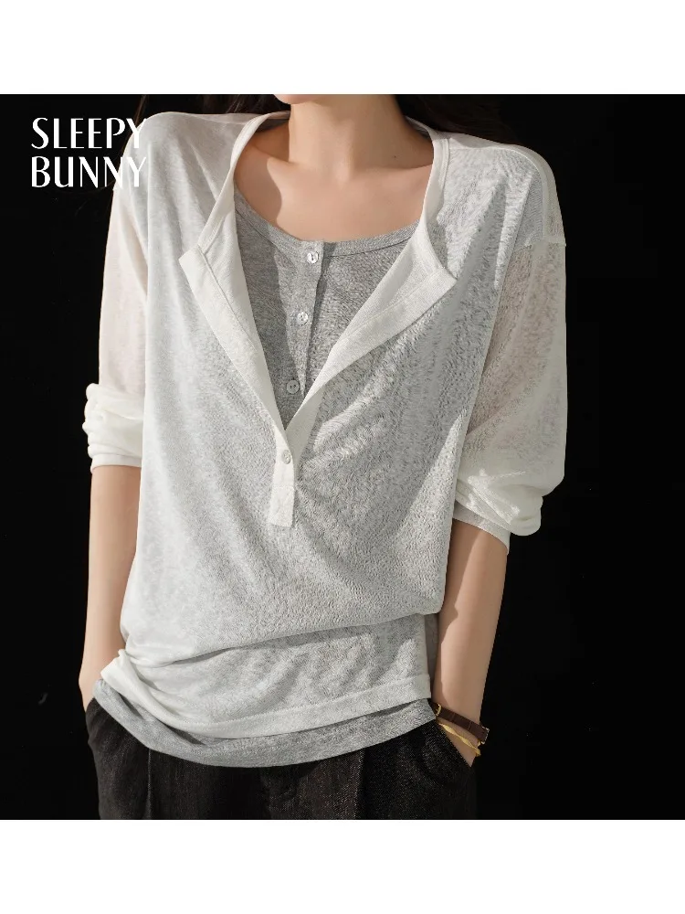 

Women Casual Layered Long Sleeve T Shirt Loose Contrast Two Piece Style Spring Fashion Relaxed Top Lady Chic Daily Comfort Tee