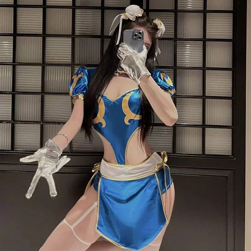 게임 Chun Li 코스프레 의상 블루 스플릿 Cheongsam 드레스 여성 섹시한 바디 슈트 머리 장식 정장 할로윈 카니발 파티 의류
