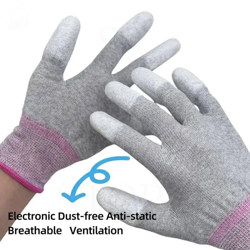 1 Pair ESD Safety Gloves PU Coated Fingertips Tear-Resistant Stretch Mesh for Unrestricted Movement Semiconductor Dust-Free Work