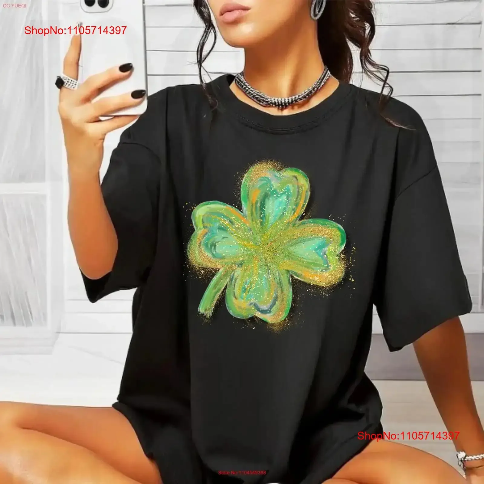 4 leaf clover Cotton T Shirt handdrawn gold glitter detail minimalist saint patty day festive statement lucky vintage Washed