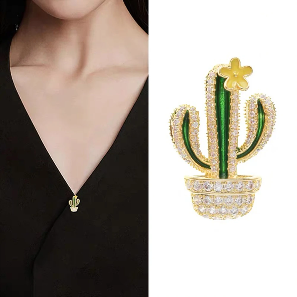 Lovely Delicate Cubic Zircon Small Cactus Basin Brooches for Women Girls Gold Color Barbary Fig Yellow Enamel  Flower Lapel Pins