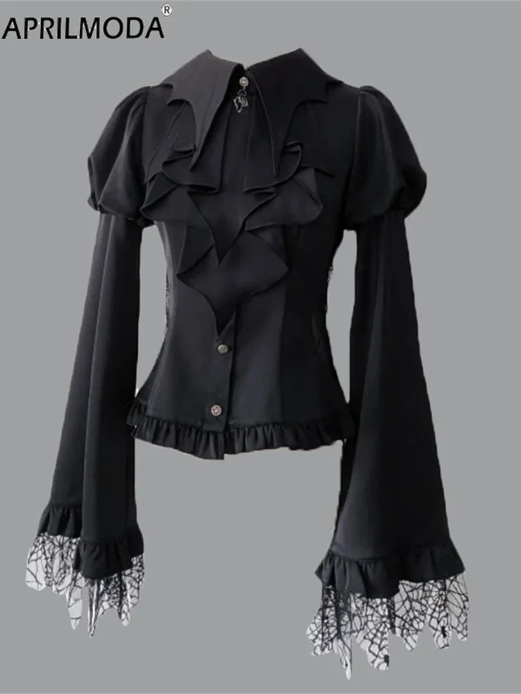 

Викторианский винтажный костюм в стиле Лолиты в стиле стимпанк, женская повседневная готическая сетчатая блузка с рукавами-фонариками Y2k, эстетические топы Kawaii