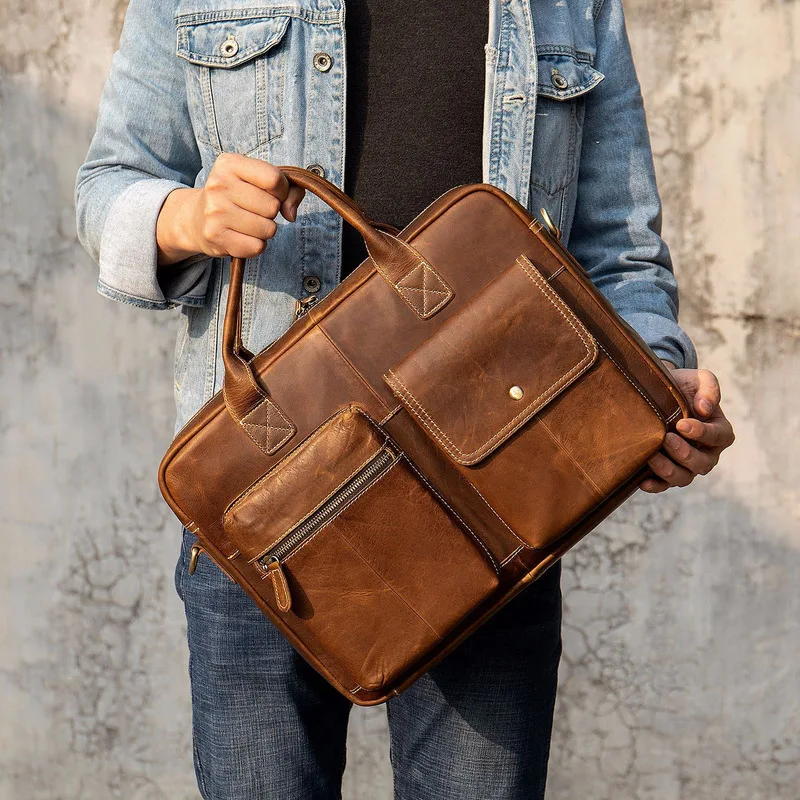 Nuevo bolso de ocio para documentos auténticos de negocios a la moda, bolsos de piel de vaca para hombre, bolsos de mano de cuero genuino para hombre, maletín para hombre