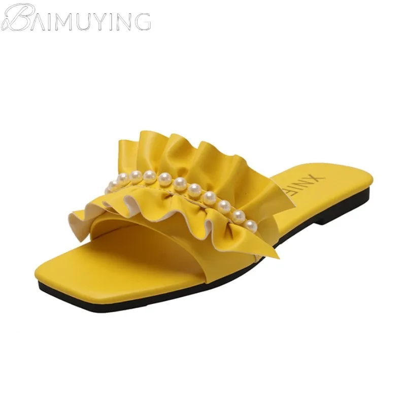 Women Slippers Flats Bead Sandals Square Toe Shoes Summer New 2025 Trend Open Toe Dress Casual Flip Flops Woman Beach Slides