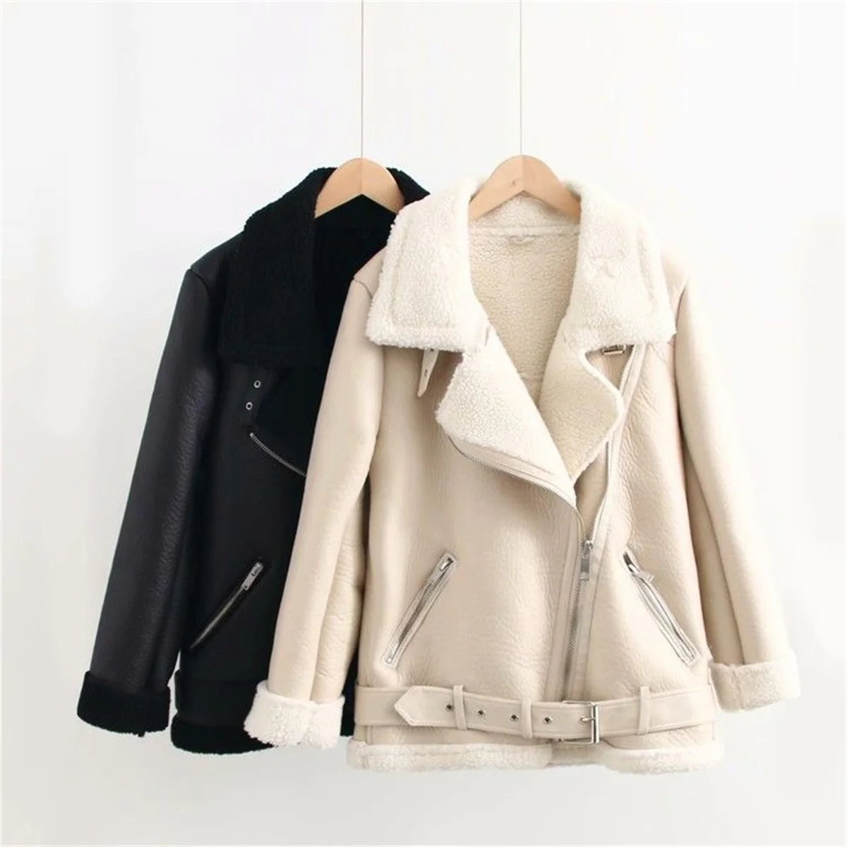 2024 New Woman\'s Fashion Thick Warm Faux Shearling Jacket Coat Vintage Casual Loose Long Sleeve Belt Hem Female Chic Outerwear