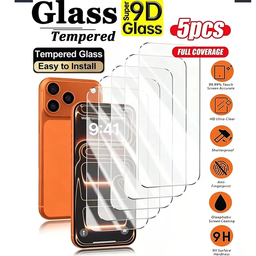 1-5PCS HD Screen Protectors For iPhone 15 16 Pro Max Air 17 14 Plus 13 12 16e 11 Mini X XR XS 6 7 8 Tempered Glass For iPhone 17