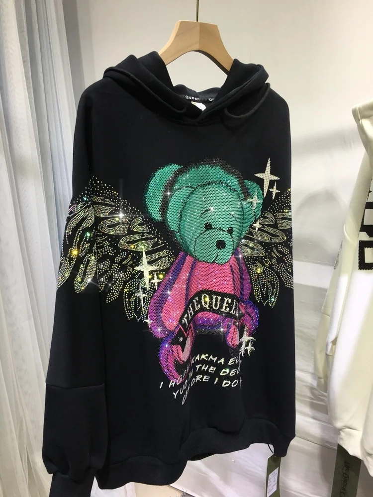 Hot Drilling Luxury Sparkling Wings Bear Thicken Hooded Pullover Top 2023 New Autumn Winter Streetwear Loose Trendy Sweatshirt