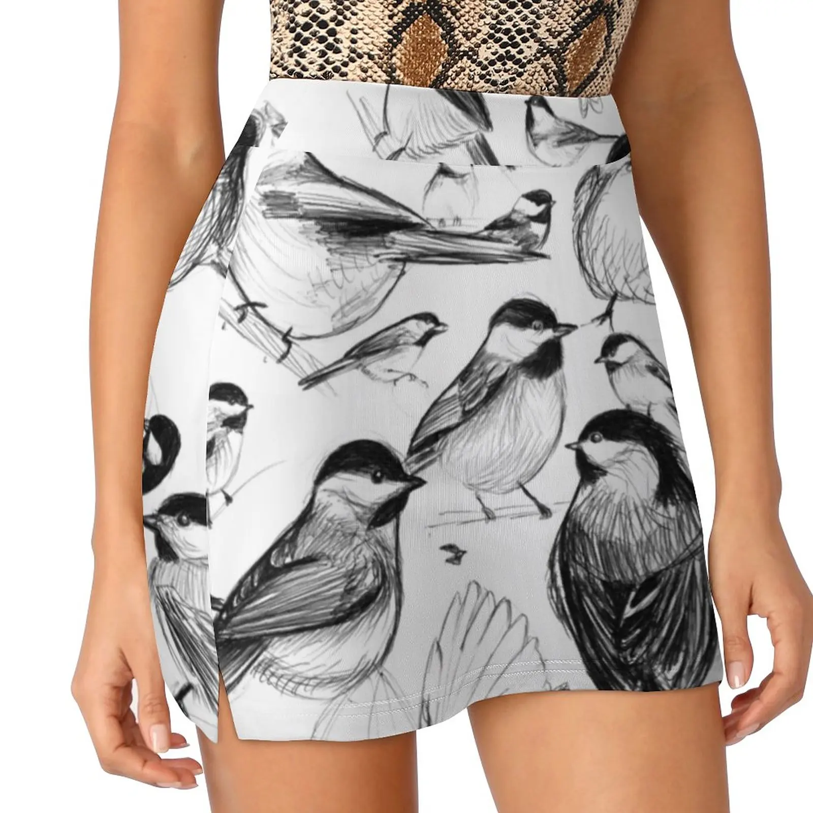 Chickadee Study Women's skirt Aesthetic skirts New Fashion Short Skirts Chickadee Bird Maine Nature Black And White Doodle