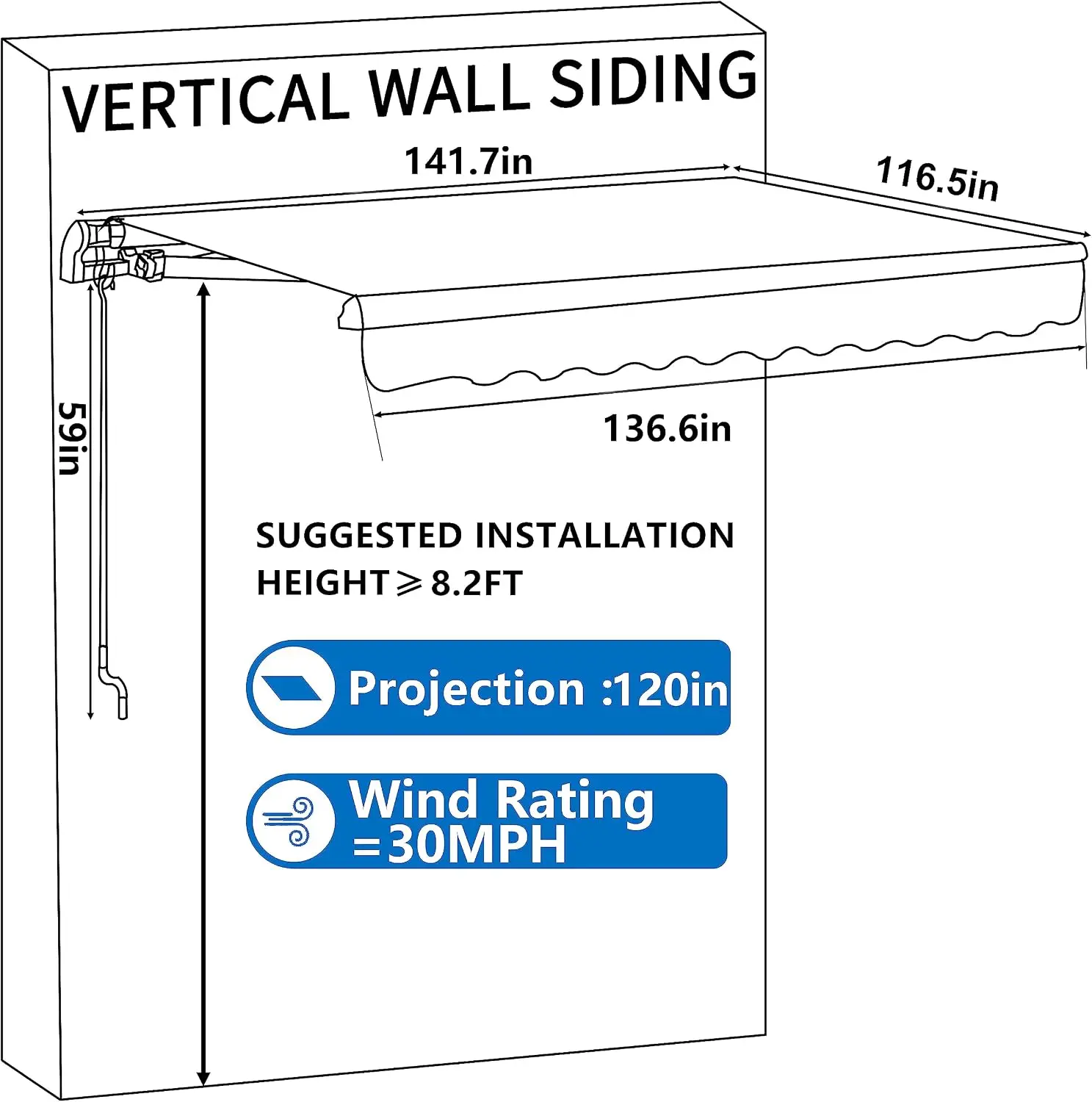 12x10 FT Manual Retractable Outdoor Patio Awning, Window Sun Shade Shelter with Crank Handle & Canopy for Deck, Backyard