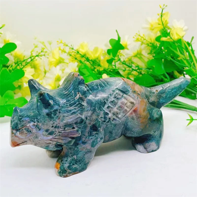 17CM Natural Moss Agate Dinosaur Statue Gemstone Carved Healing Fashion Home Room Decor Holiday Gift 1PCS