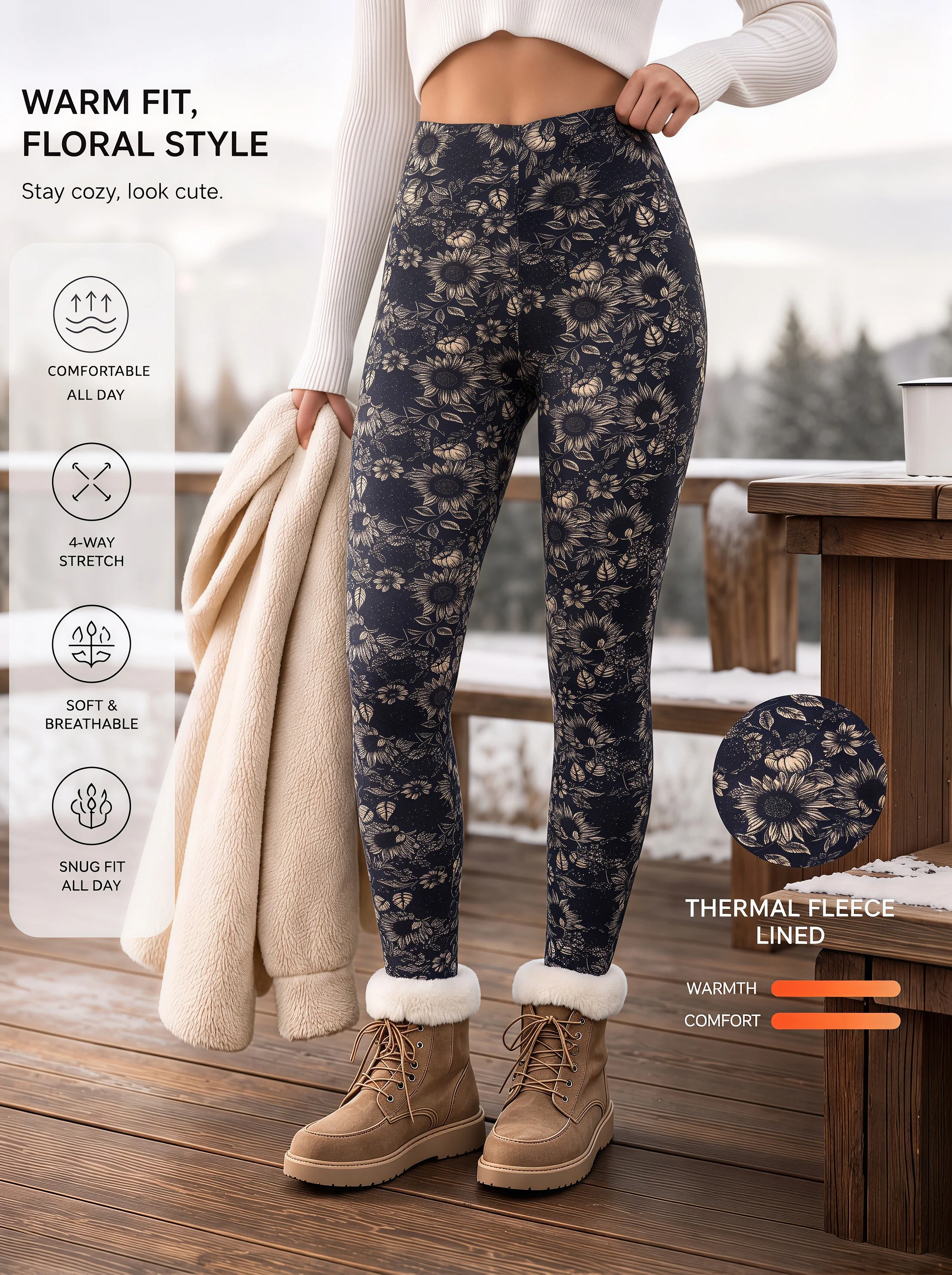 1er-Pack Damen-Leggings mit Sonnenblumen-Print in Marineblau, Fleece-gefüttert, hohe Taille, hochelastisch, hautfreundlich, Retro-Blumenmuster, warme Hose – Detail 4