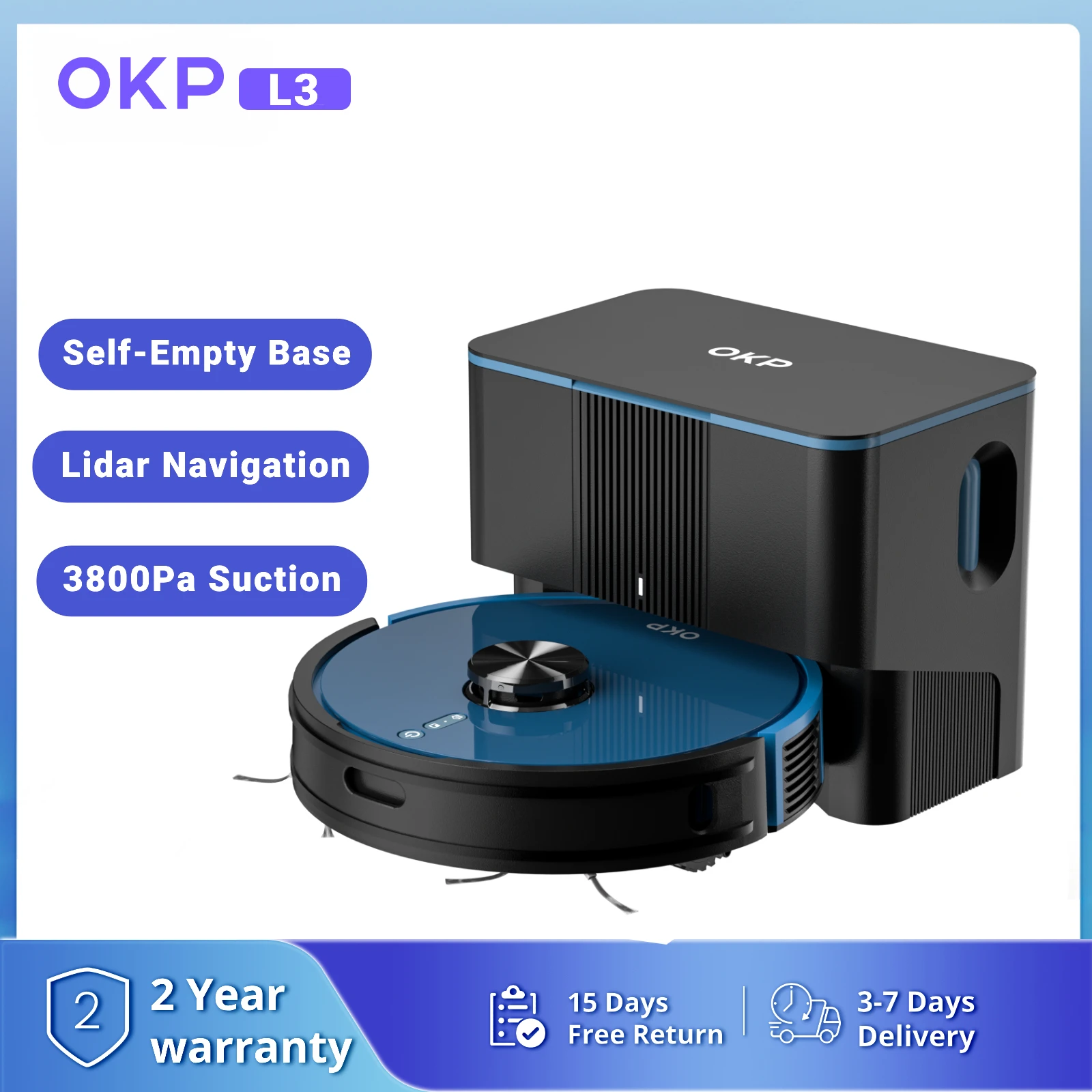 OKP L3 Robot Vacuum with Self-Empty Dock, 3800Pa Suction ,Lidar Navigation, 5L Dust-Bag Hands-Free Cleaning for up to 10 Weeks