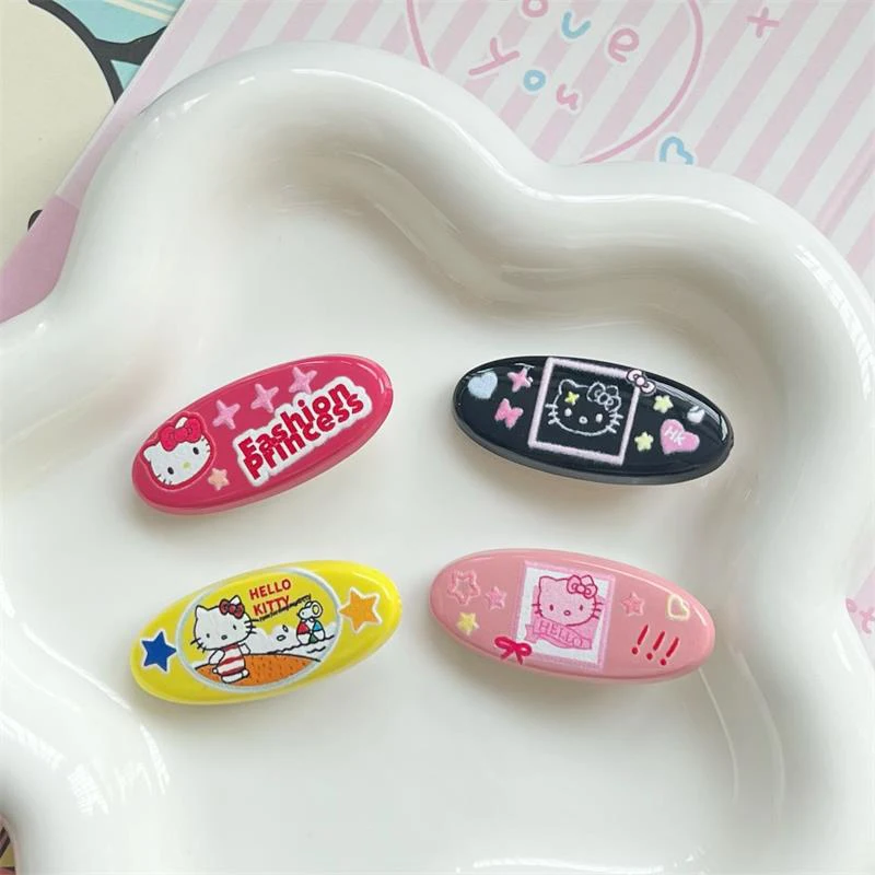 2PCS/Bag Cute Sweet Hello Kitty Oval Duckbill Clips Fashion Hair Clips Retro Y2K Headwear KT Cat Hair Accessories Birthday Gifts