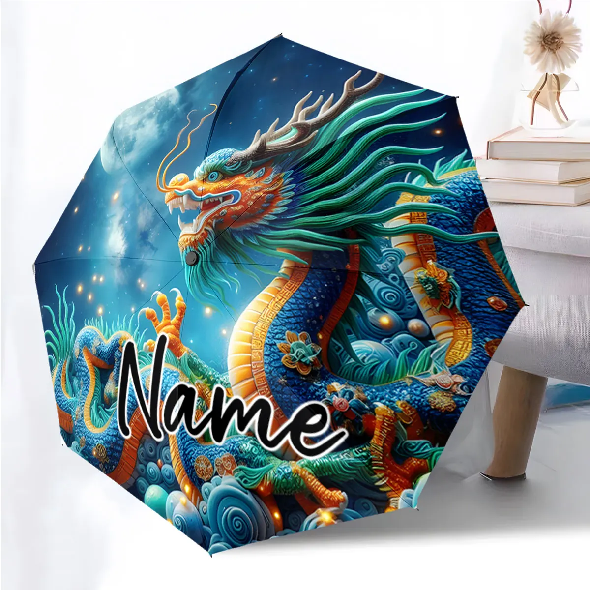 Custom Name Fantasy Dragon Design Umbrella with Moonlit Sky Print 8 Iron Ribs Folding Umbrella Auto-Open Fashion Sunshade